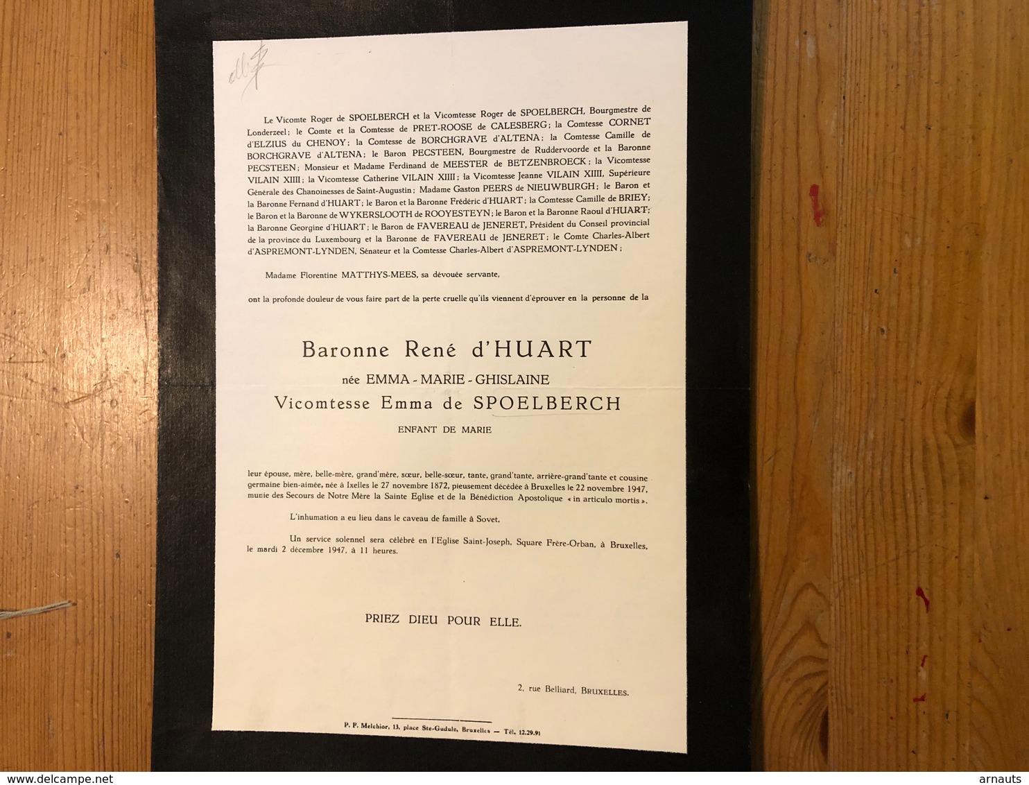 Baronne Rene D’Huart Née Emma De Spoelberch *1872 Ixelles +1947 Bruxelles Sovet Van Den Branden De Reeth Meegser De Rave - Décès