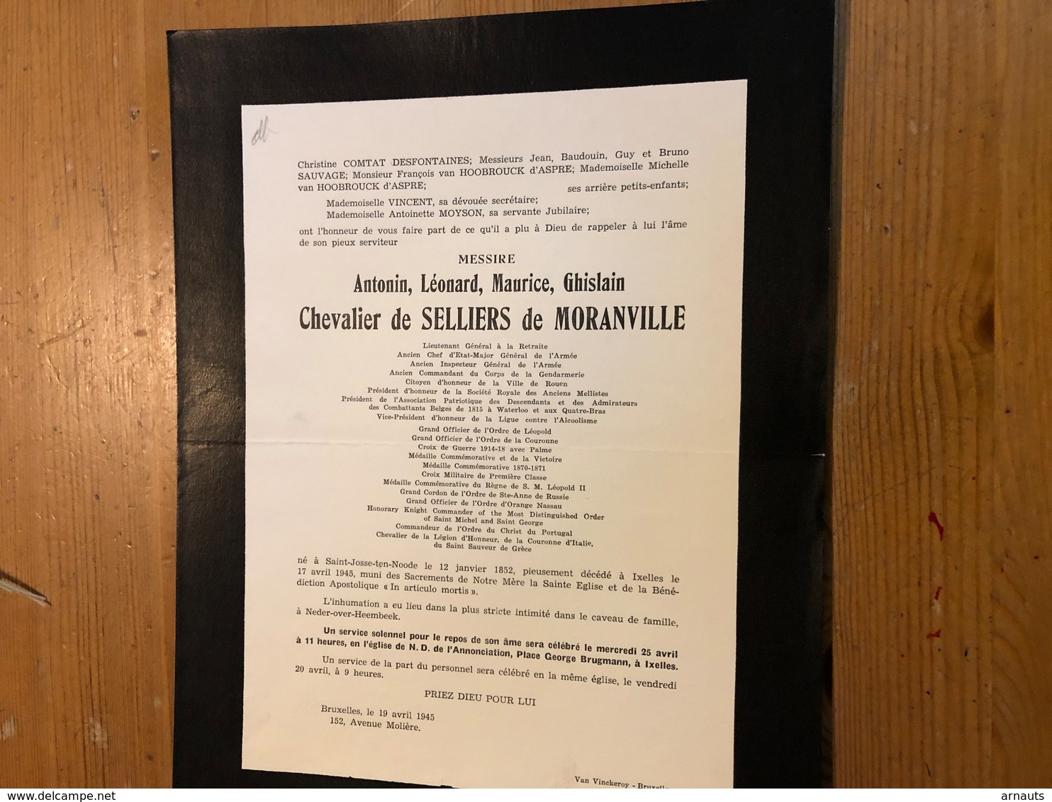 Chevalier De Selliers De Moranville Antonin £1852 St Josse +1945 Kwellen Neder Over Heembeek Lieutenant Général Retraité - Décès