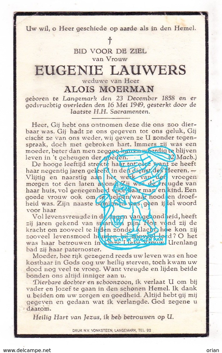 DP Eugenie Lauwers ° Langemark 1858 † 1949 X Alois Moerman - Images Religieuses