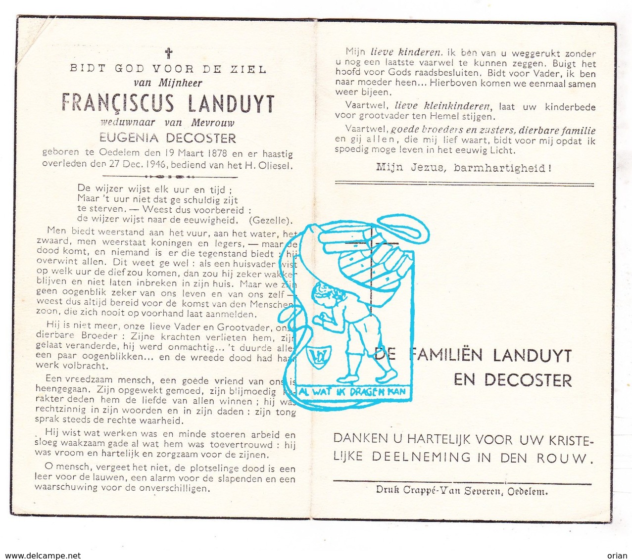 DP Franciscus Landuyt ° Oedelem 1878 † 1946 X Eugenia Decoster / G. Gezelle - Images Religieuses