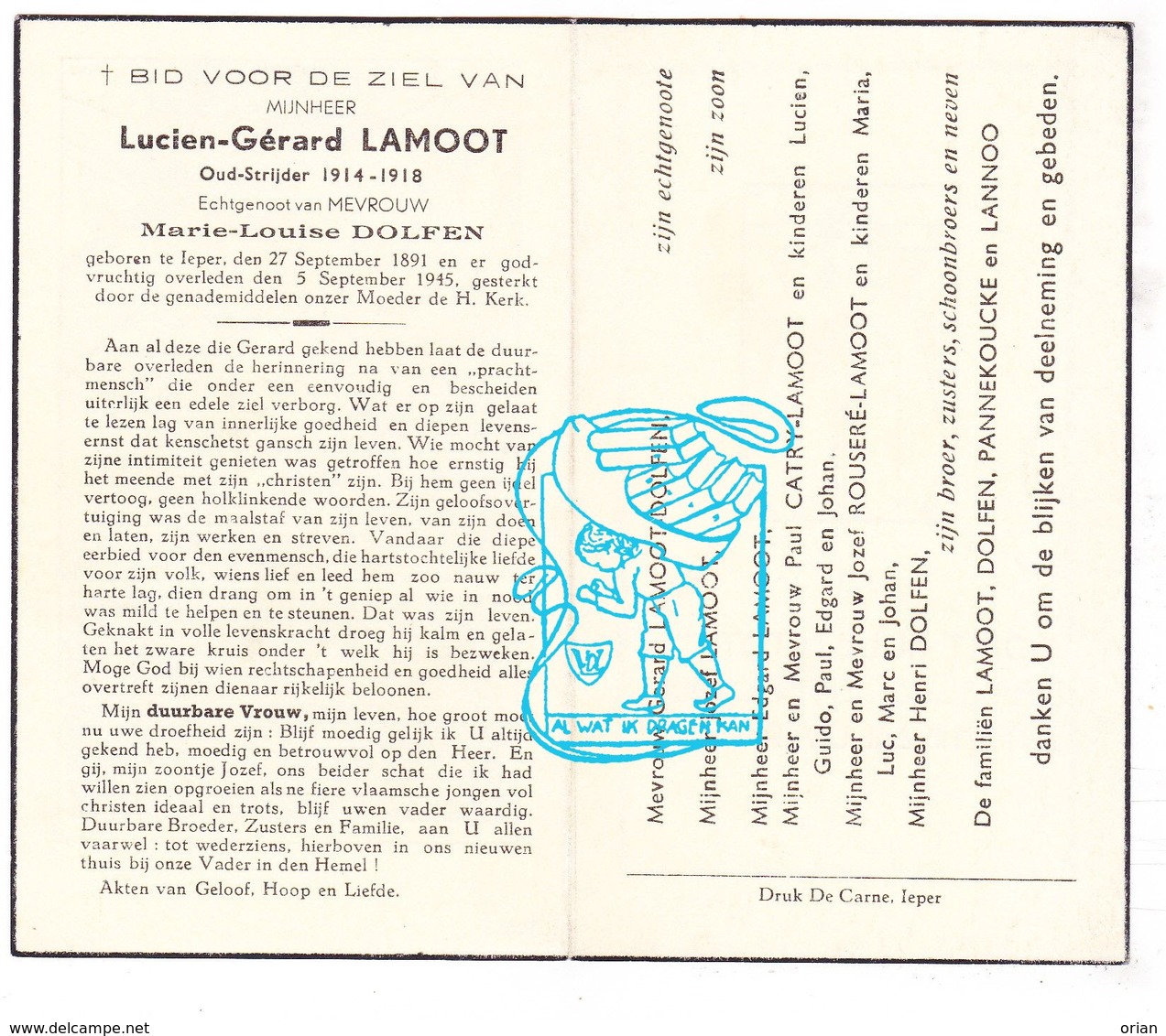 DP Lucien G. Lamoot ° Ieper 1891 † 1945 X ML. Dolfen Dolphen / Catry Rouseré Pannecoucke Lannoo - Images Religieuses