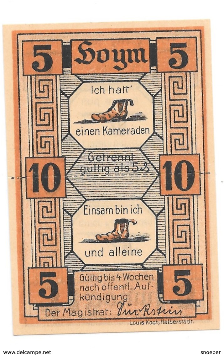 *notgeld   Hoym   5+5  = 10pfennig   634.1 - [11] Emissioni Locali