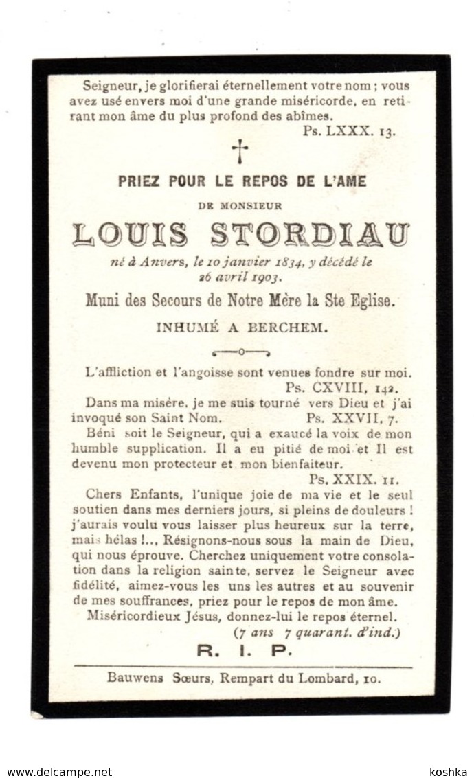 Doodsprentje - Louis STORDIAU - Antwerpen 1834 / 1903 - Décès