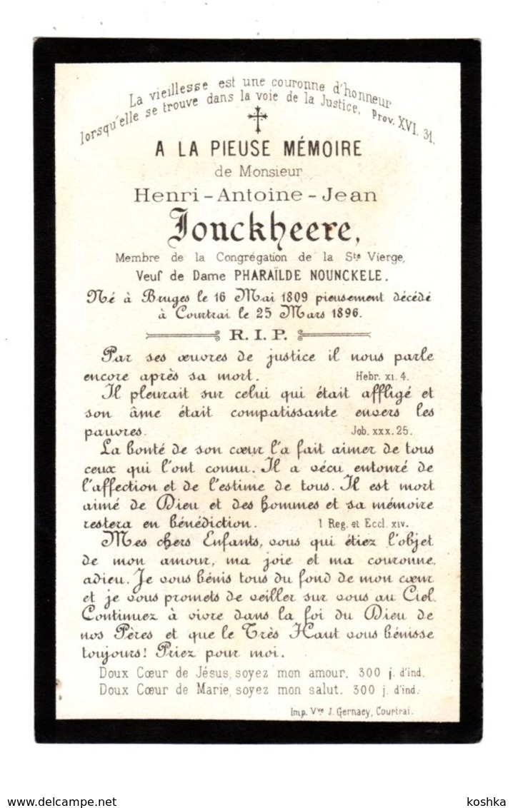 Doodsprentje - Henri JONCKHEERE - Brugge 1809 / Kortrijk 1896 Weduwnaar Van Pharailde Nounckele - Décès