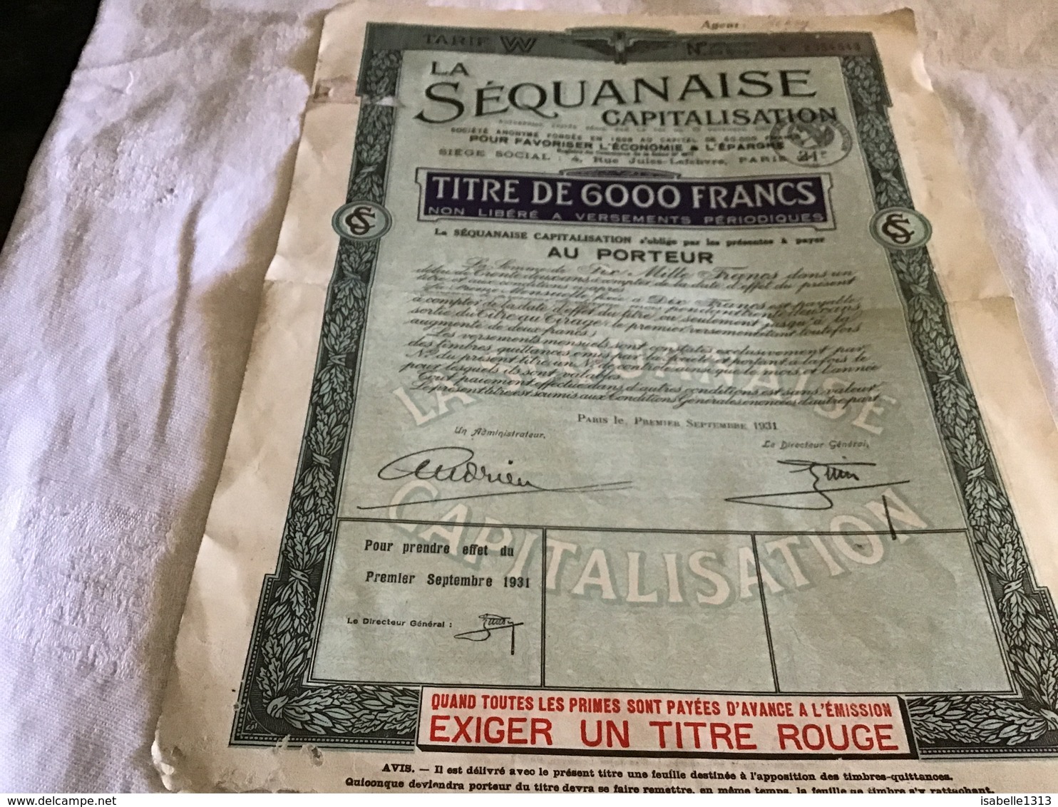 1930 La Sequanaise Capitalisation  Au Porteur. - S - V