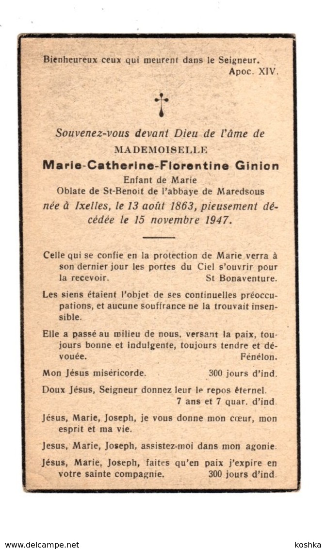 Doodsprentje - Marie GINION - Elsene 1863 / 1947 - Oblaat Van St Benoit - Abdij Van Maredsous - Décès