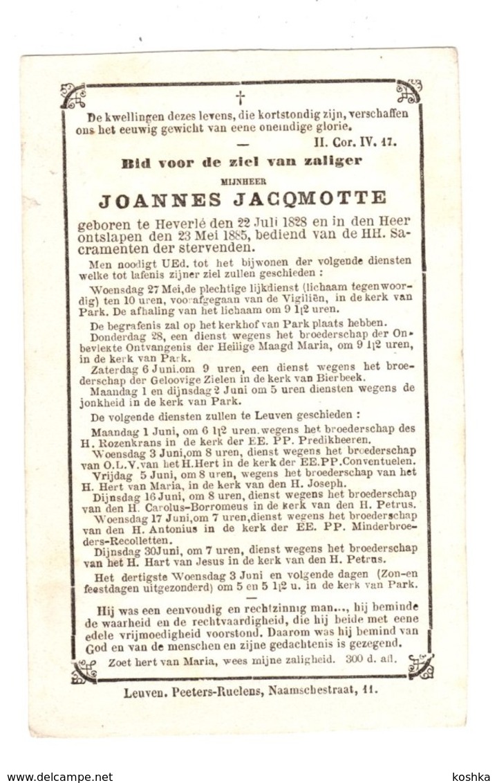 Doodsprentje - Joannes JACQMOTTE - Heverlee 1828 / 1885 - Décès