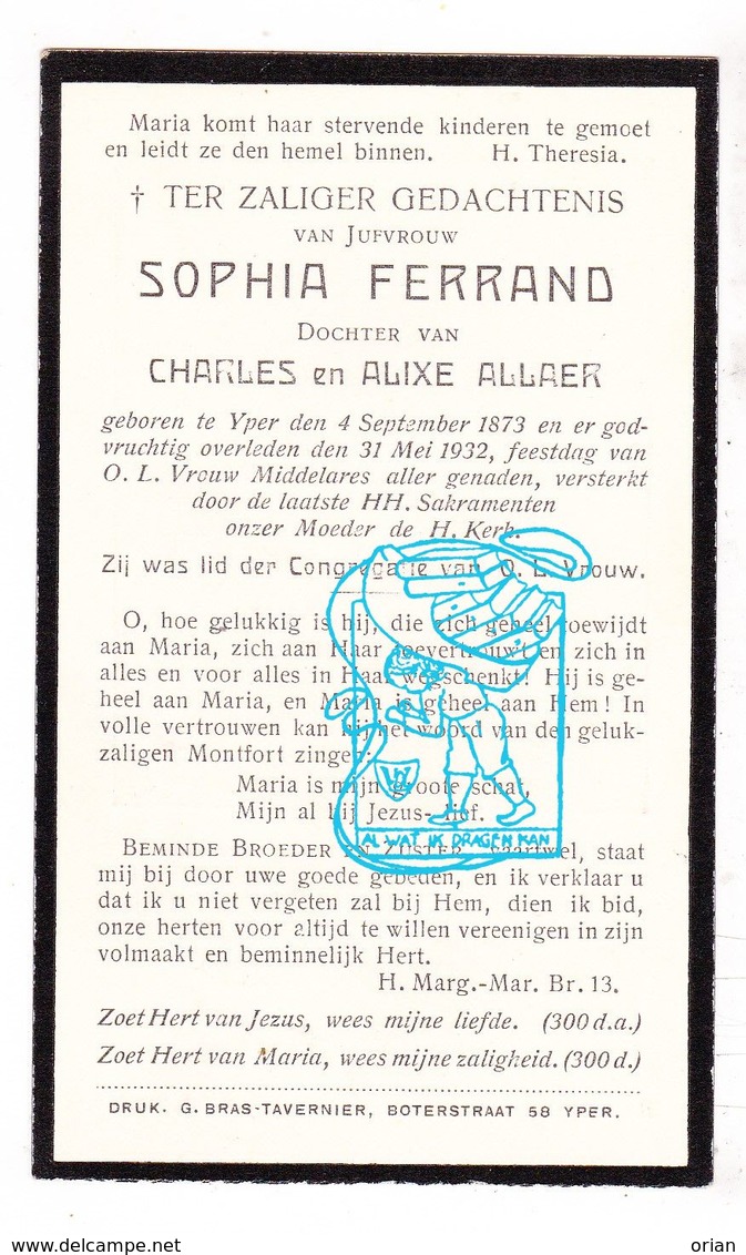 DP Sophia Ferrand / Allaer ° Ieper 1873 † 1932 - Images Religieuses