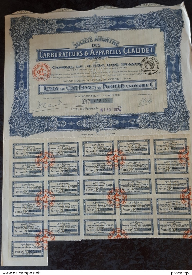 Carburateurs Claudel Actions De 1924 - Automovilismo