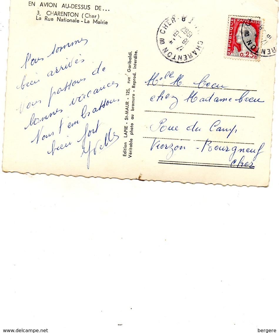 18. CPSM. CHARENTON. En Avion Au Dessus De Charenton. La Rue Nationale - La Mairie - 1962. Scan Du Verso. - Thaumiers