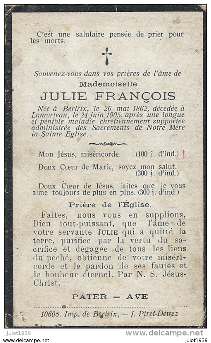 LAMORTEAU ..-- Melle Julie FRANCOIS , Née En 1862 à BERTRIX , Décédée En 1905 . - Rouvroy