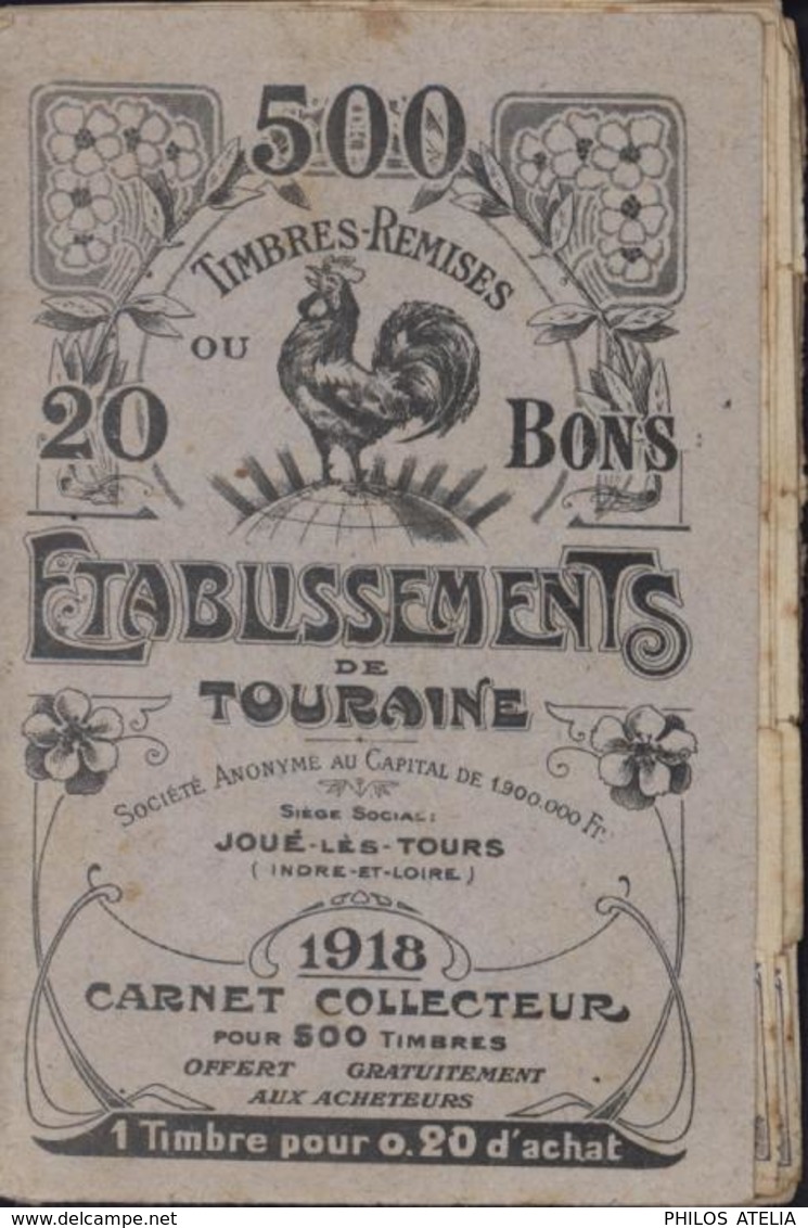 Carnet Collecteur Vignettes Coq 20ct Bleu + 25ct Orange Timbres Remise Etablissement De La Touraine Joué Les Tours 1918 - Blocchi & Libretti