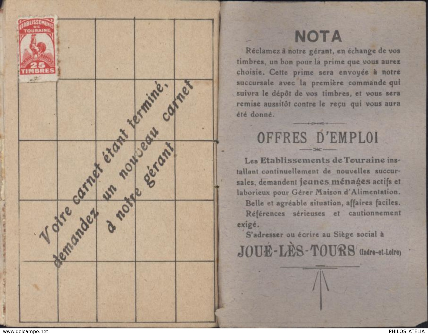 Carnet Collecteur Vignettes Coq 20ct Bleu + 25ct Orange Timbres Remise Etablissement De La Touraine Joué Les Tours 1918 - Blocchi & Libretti