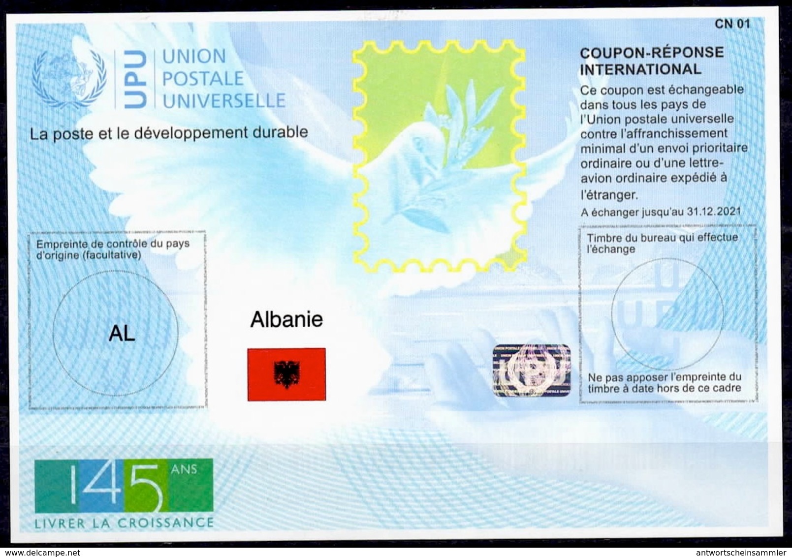 ALBANIE ALBANIA  Is45  20190726 AA  145 ANS  Int. Reply Coupon Reponse Antwortschein IRC IAS Hologram  MINT ** - Albania