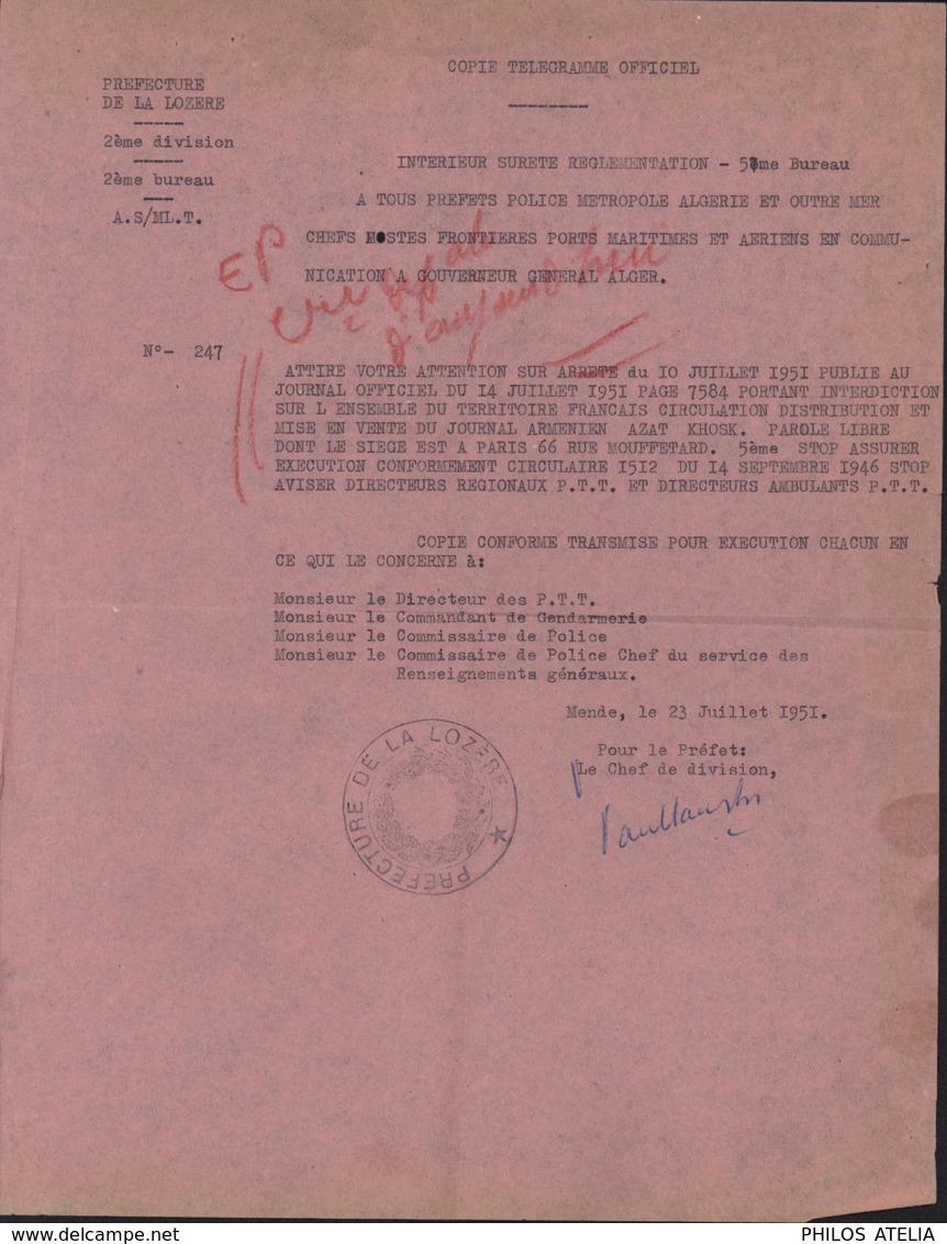 Censure Copie Télégramme Officiel Lozère + Circulaire Régionale 1951 Interdiction Et Retrait France Journal Arménien - Telegraphie Und Telefon