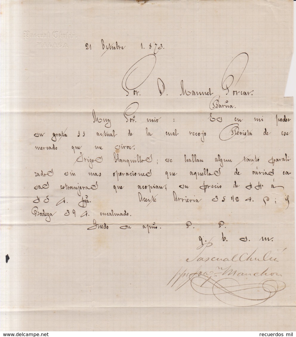 Año 1873 Edifil 133 Alegoria Carta Matasellos Rombo Malaga Membrete De Pascual Choila - Briefe U. Dokumente