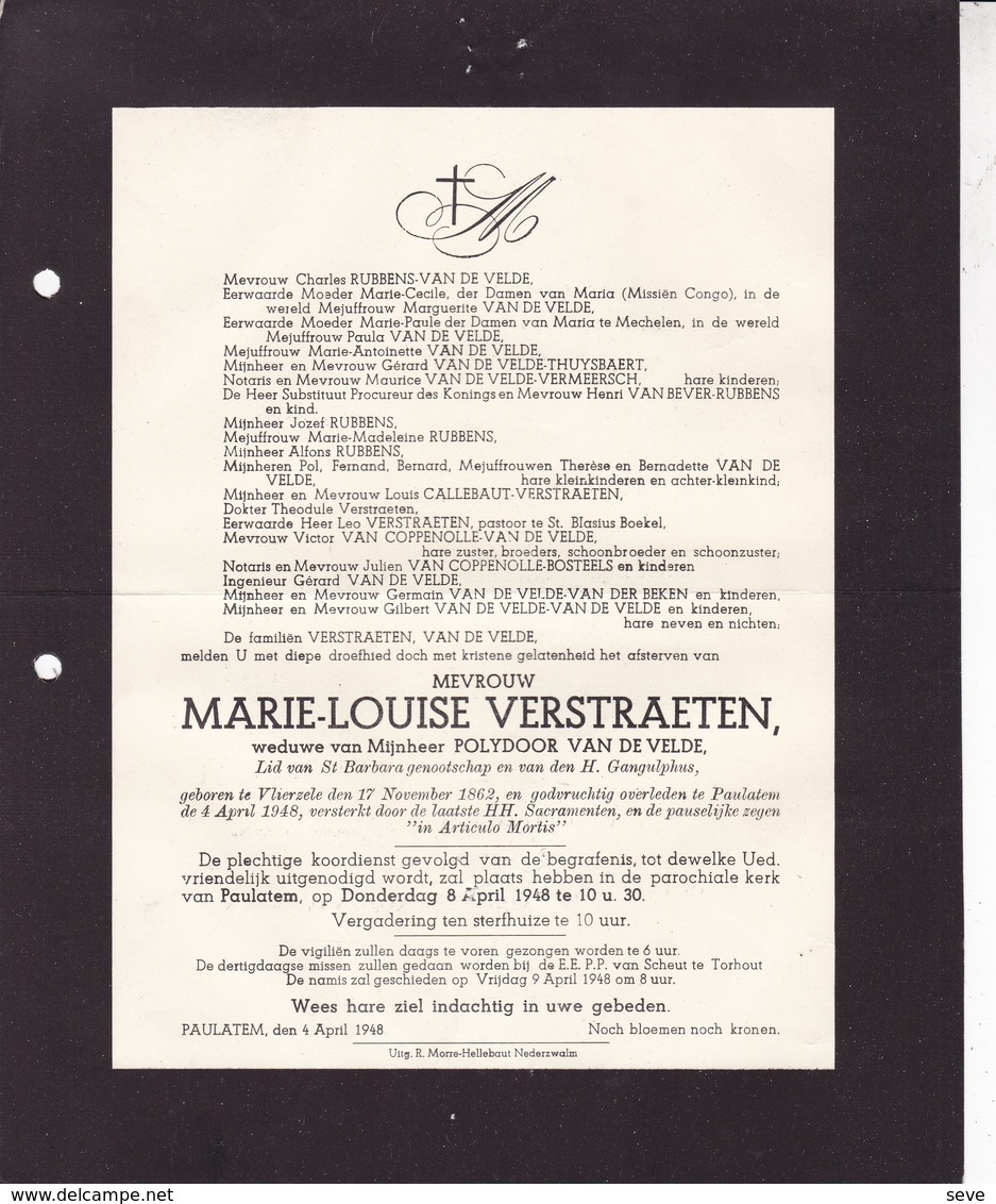 VLIERZELE PAULATEM VERSTRAETEN Marie-Louise Veuve VAN DE VELDE 1862-1948 Famille THUYSBAERT - Décès