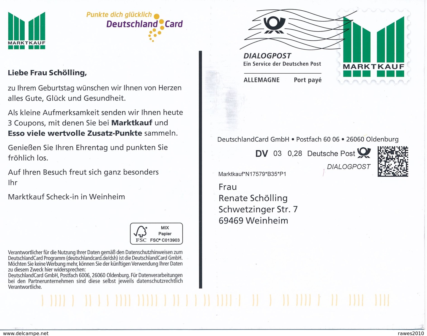 BRD Oldenburg Dialogpost Allemagne DV 03 0,28 Euro FRW 2020 Marktkauf DeutschlandCard GmbH - Lettres & Documents
