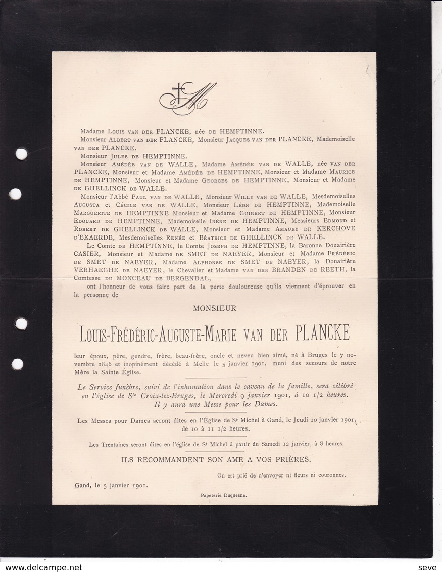 BRUGES MELLE Louis Van Der PLANCKE 1846-1901 Famille De HEMPTINNE Van De WALLE - Décès