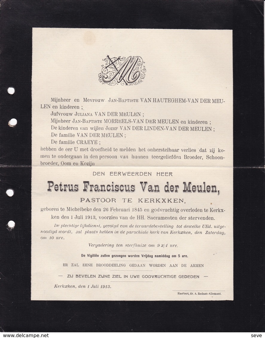 MICHELBEKE KERKXKEN Petrus Franciscus VAN DER MEULEN Pastoor 1845-1913 Curé VAN HAUTEGHEM MORREELS CRAEYE - Décès