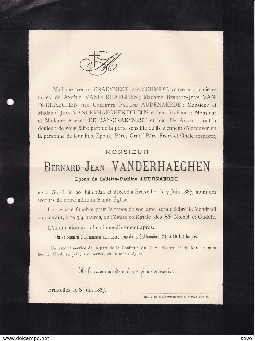 GAND Bernard-Jean VANDERHAEGHEN époux AUDENAERDE 1826-1887 Famille SCHMIDT DE BAY - Décès
