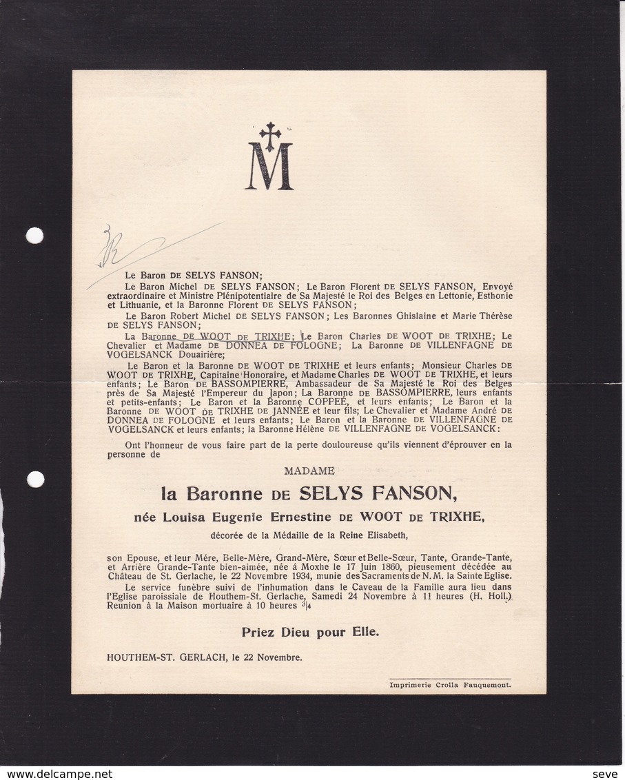 14-18 Médaille Reine Elisabeth MOXHE Château De HOUTHEM-ST-GERLACH Louisa De WOOT De TRIXHE  De SELYS FANSON 1860-1934 - Décès