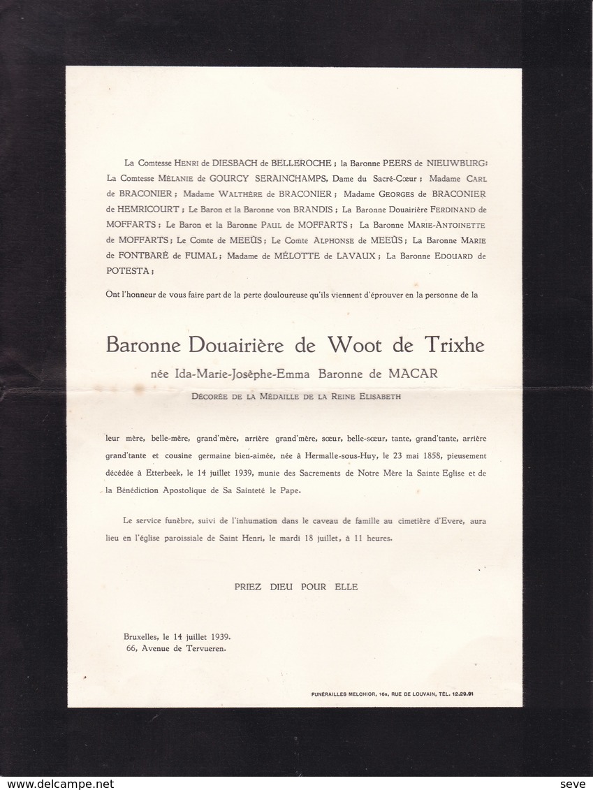 14-18 Médaille De La Reine Elisabeth Ida Baronne De MACAR Née De WOOT De TRIXHE 1858-1939 Etterbeek 2 Volets Complets - Décès