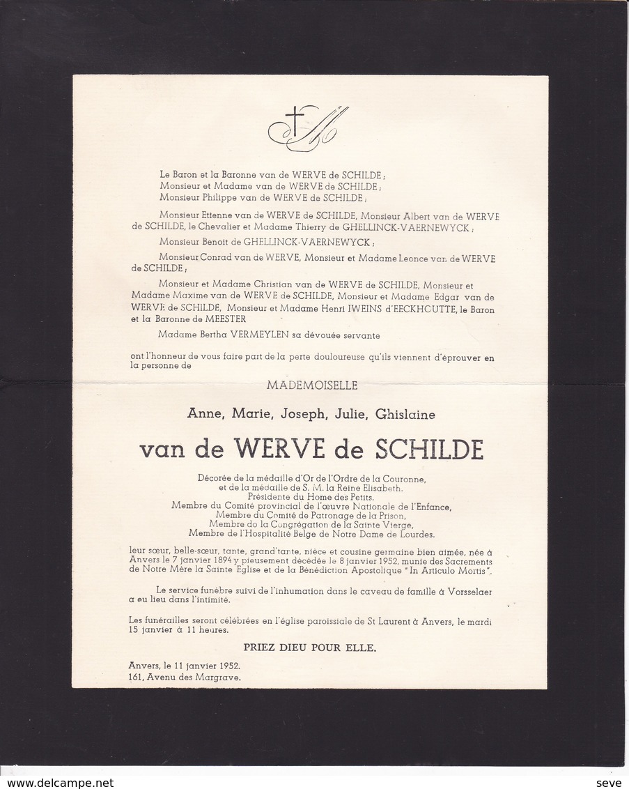 14-18 Médaille De La Reine Elisabeth Anne Van De WERVE De SCHILDE Anvers 1894 - Vorsselaer 1952 Faire-part - Décès