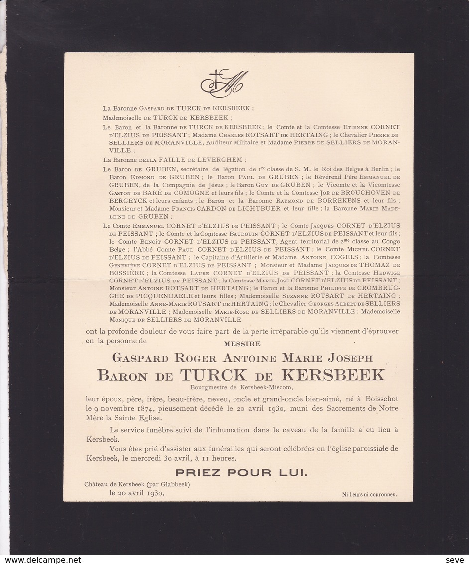 KERSBEEK-MISCOM Gaspard Baron De TURCK De KERSBEEK 1874-1930 Burgemeester  ROTSART De HERTAING MISKOM - Décès