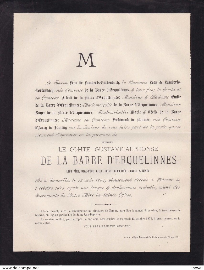 NAMUR Comte Gustave-Alphonse De La BARRE D'ERQUELINNES 1804-1875 Famille E LAMBERTS-CORTENBACH De BOUSIES - Décès