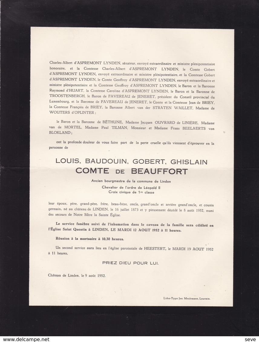 LINDEN HEESTERT Louis Comte De BEAUFFORT Ancien Bourgmestre Burgemeester Linden  1873-1952 2 Volets Complets - Décès