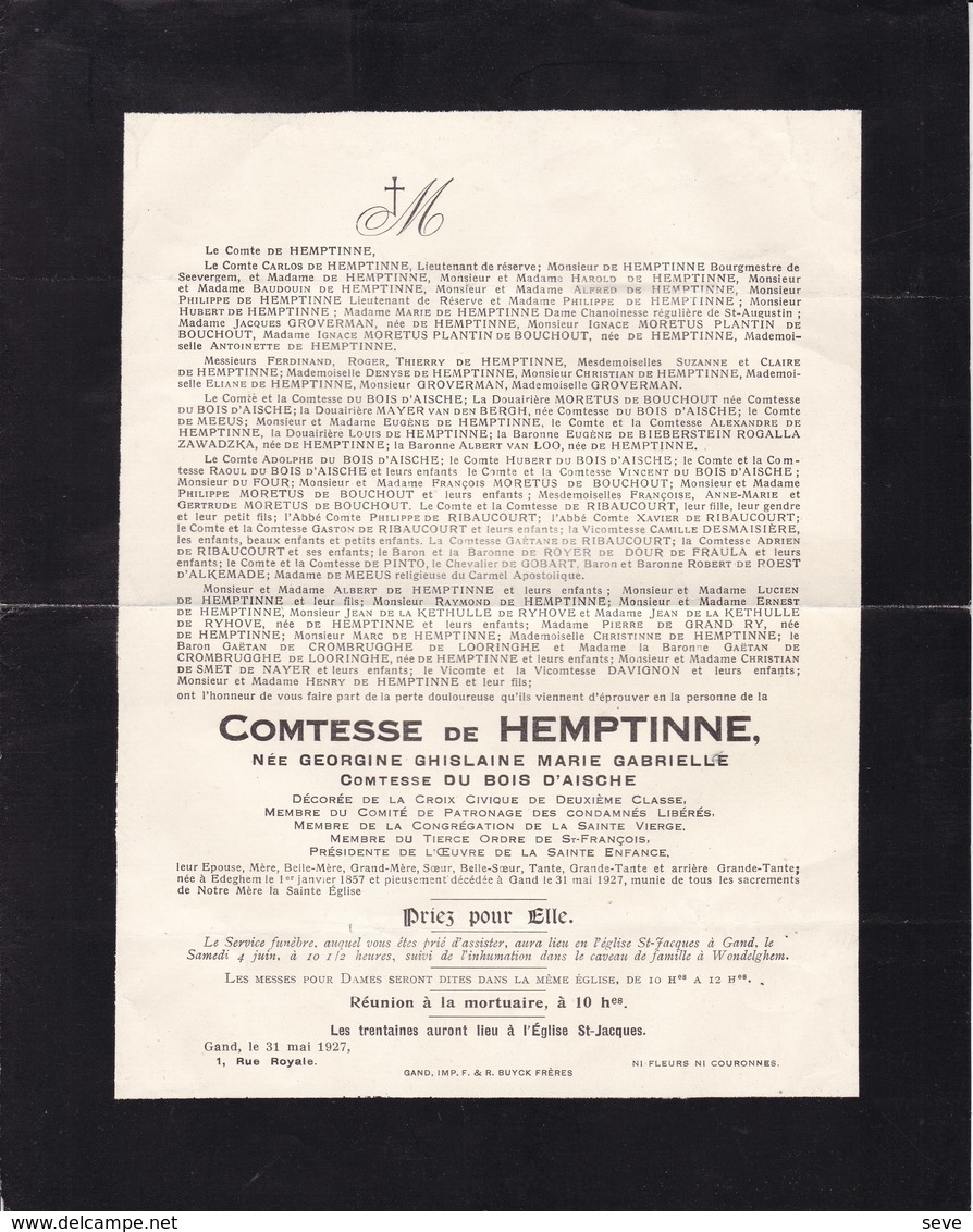 GAND EDEGEM Georgine Comtesse Du BOIS D'AISCHE Comtesse De HEMPTINNE 1857-1927 GENT - Décès