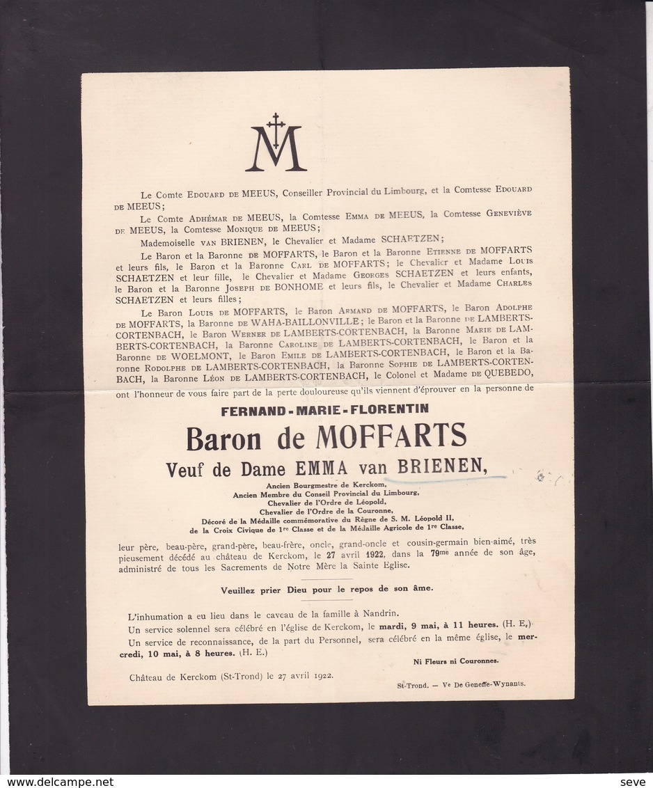 KERCKOM KERKOM Fernand Baron De MOFFARTS Veuf Van BRIENEN 79 Ans 1922 Burgemeester Et Conseiller Provincial LIMBURG - Décès