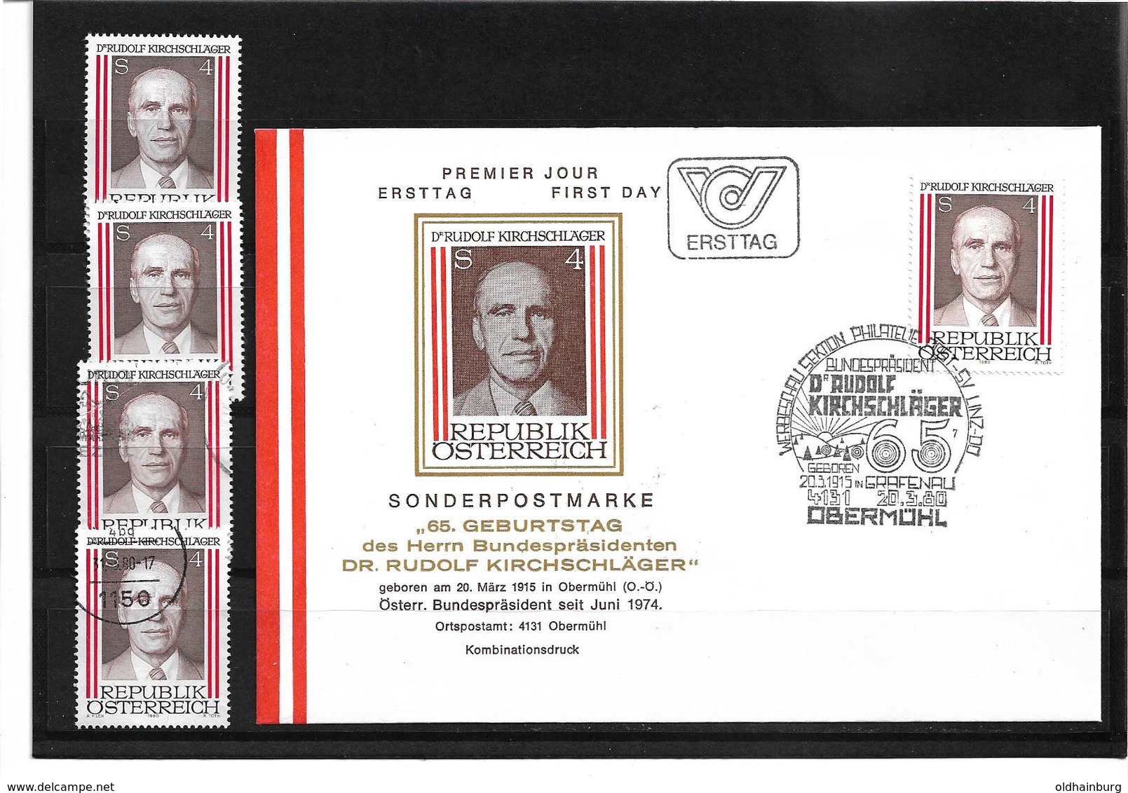 6046t: Österreich 1980, 4131 Obermühl/ Dr. Rudolf Kirchschläger Auf Beleg Und 4mal ** Bzw. Gestempelte Briefmarken - Rohrbach