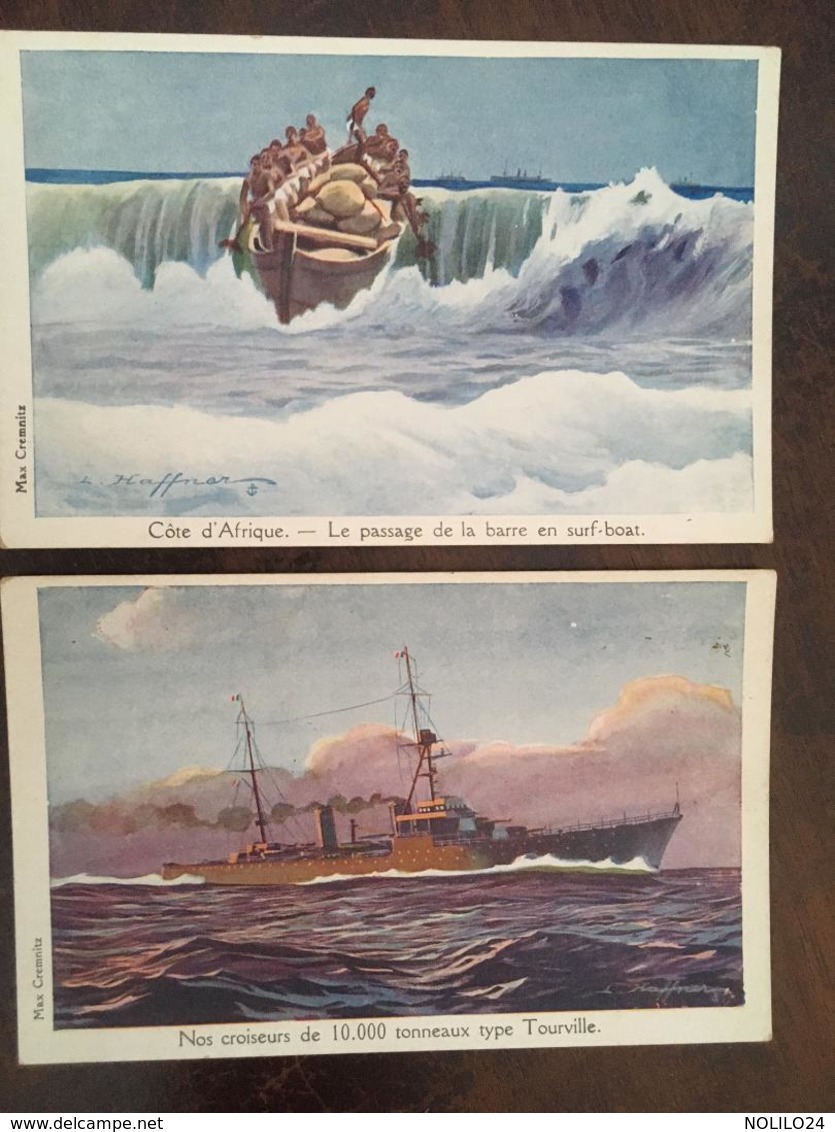 2 Cpa, Illustrateur, Signée HAFFNER, Croiseurs De 10000 Tonneaux Et Côte D'Afrique Le Passage De La Barre En Surf Boat - Haffner