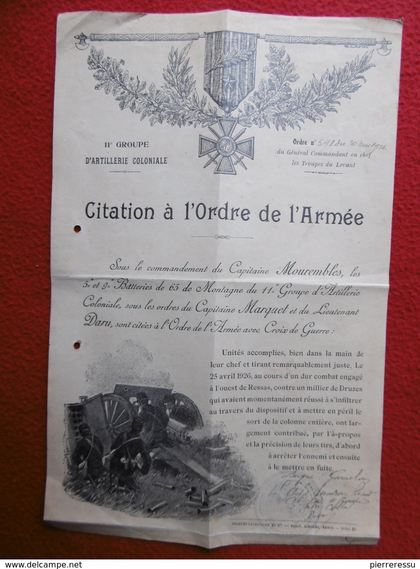 DIPLOME TROUPES DU LEVANT 11 GROUPE D'ARTILLERIE COLONIALE CITATION À L'ORDRE DE L ARMEE 1926 DRUZES - Documents