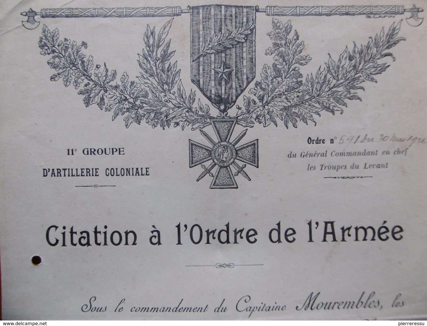 DIPLOME TROUPES DU LEVANT 11 GROUPE D'ARTILLERIE COLONIALE CITATION À L'ORDRE DE L ARMEE 1926 DRUZES - Documents