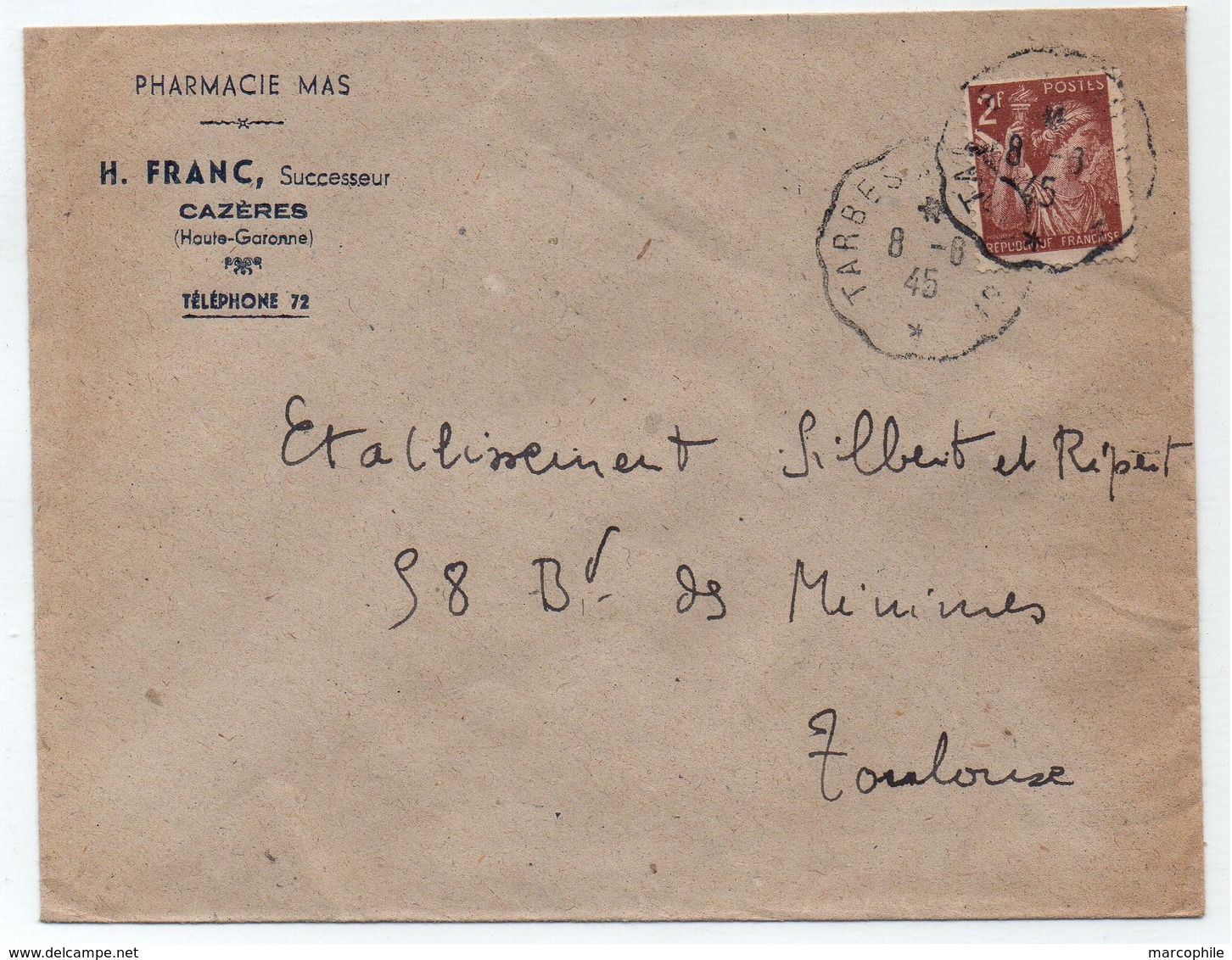 HAUTE GARONNE - CAZERES - PHARMACIE / 1945 - 2 F. IRIS SUR LETTRE A ENTETE   (ref LE4050) - Lettres & Documents