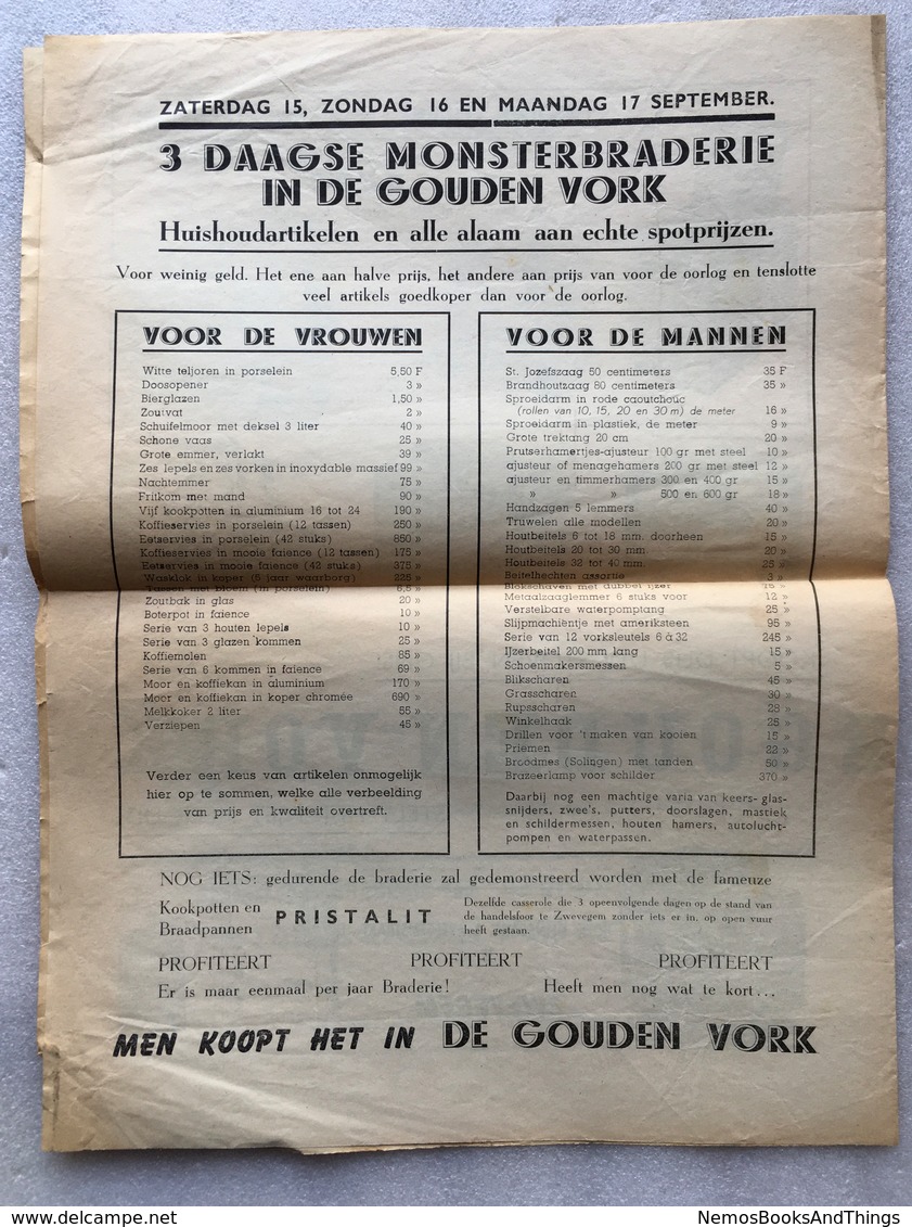 1945 - September - Braderie De Gouden Vork ZWEVEGEM - STOVEN - KACHELS - WOII - WO2 - Guido Gezellestraat - Advertising