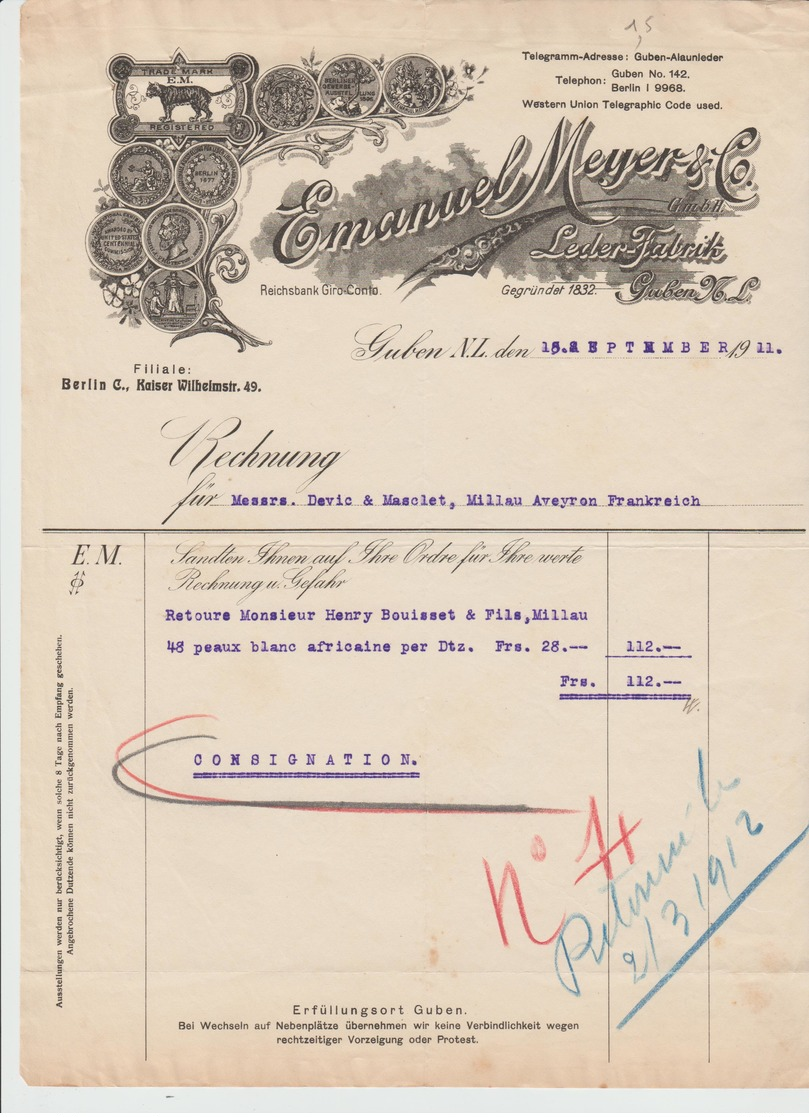 ALLEMAGNE: Emanuel MEYER & Co, Leder Fabrick à Guben / Lettre De 1911 Pour Millau - 1900 – 1949