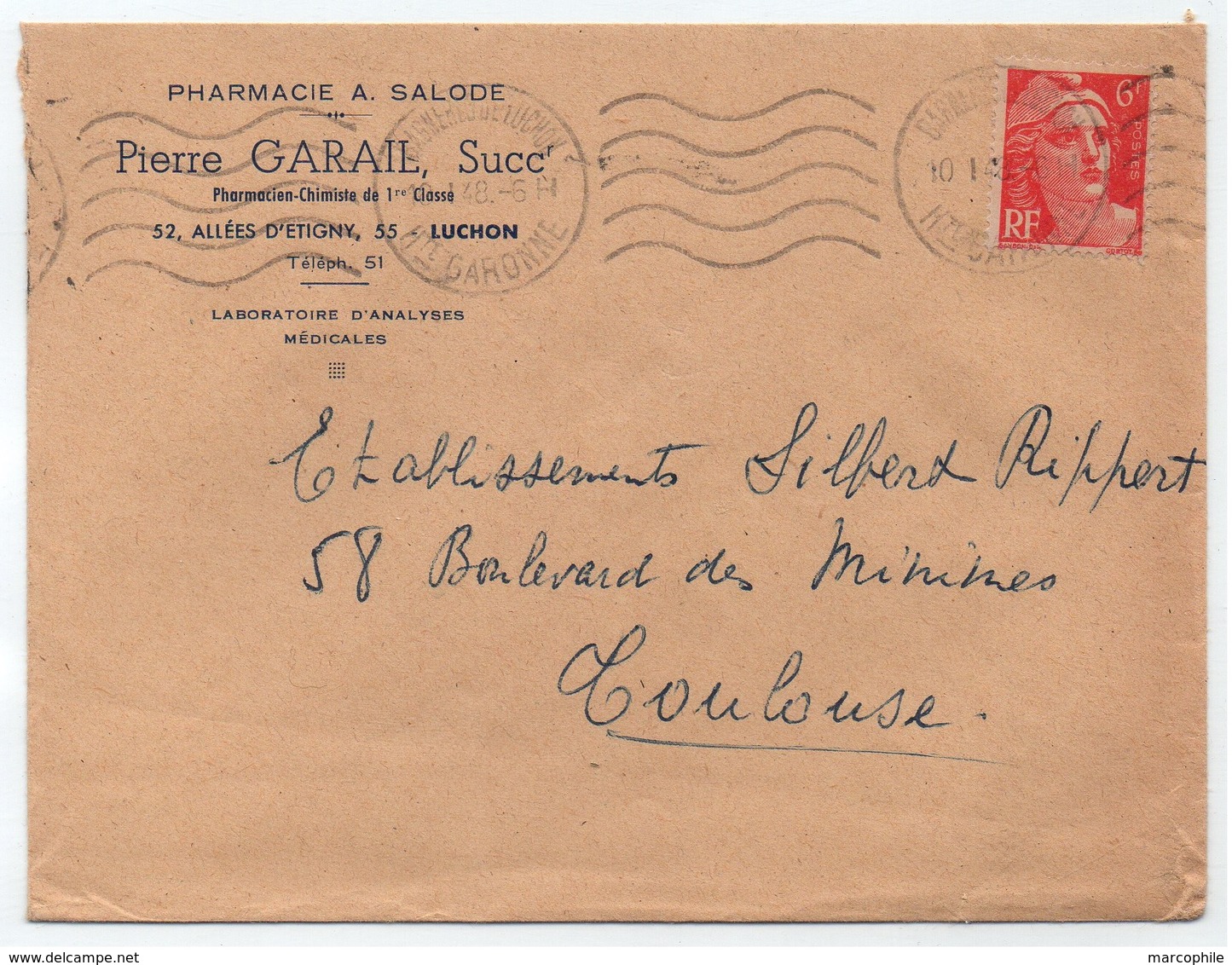 HAUTE GARONNE - LUCHON  - PHARMACIE / 1948 - 6 F. GANDON SUR LETTRE A ENTETE (ref LE4052a) - Lettres & Documents