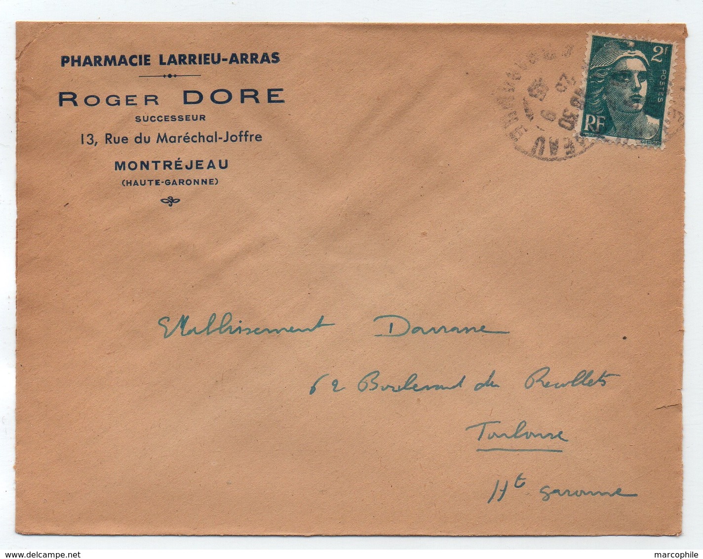 HAUTE GARONNE - MONTREJEAU - PHARMACIE / 1945 -  2 F. GANDON SUR LETTRE  A ENTETE (ref LE4055a) - Lettres & Documents