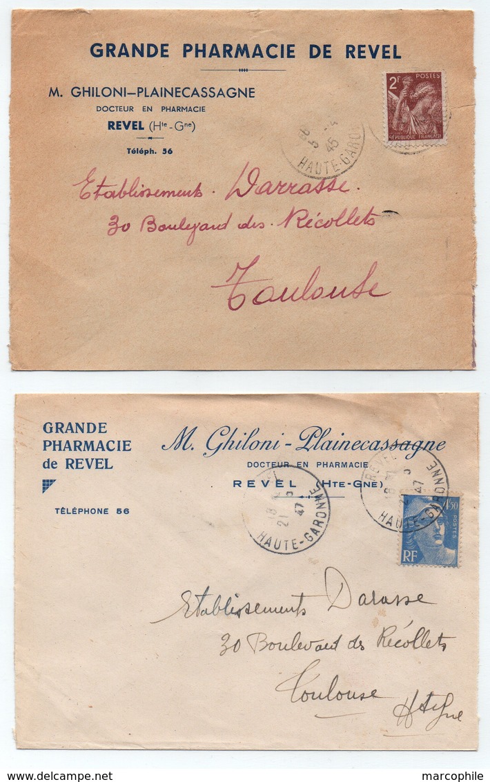 HAUTE GARONNE - REVEL - PHARMACIE / 1945-47 -  2  LETTRES  A ENTETES DIFFERENTES (ref LE4059) - Lettres & Documents