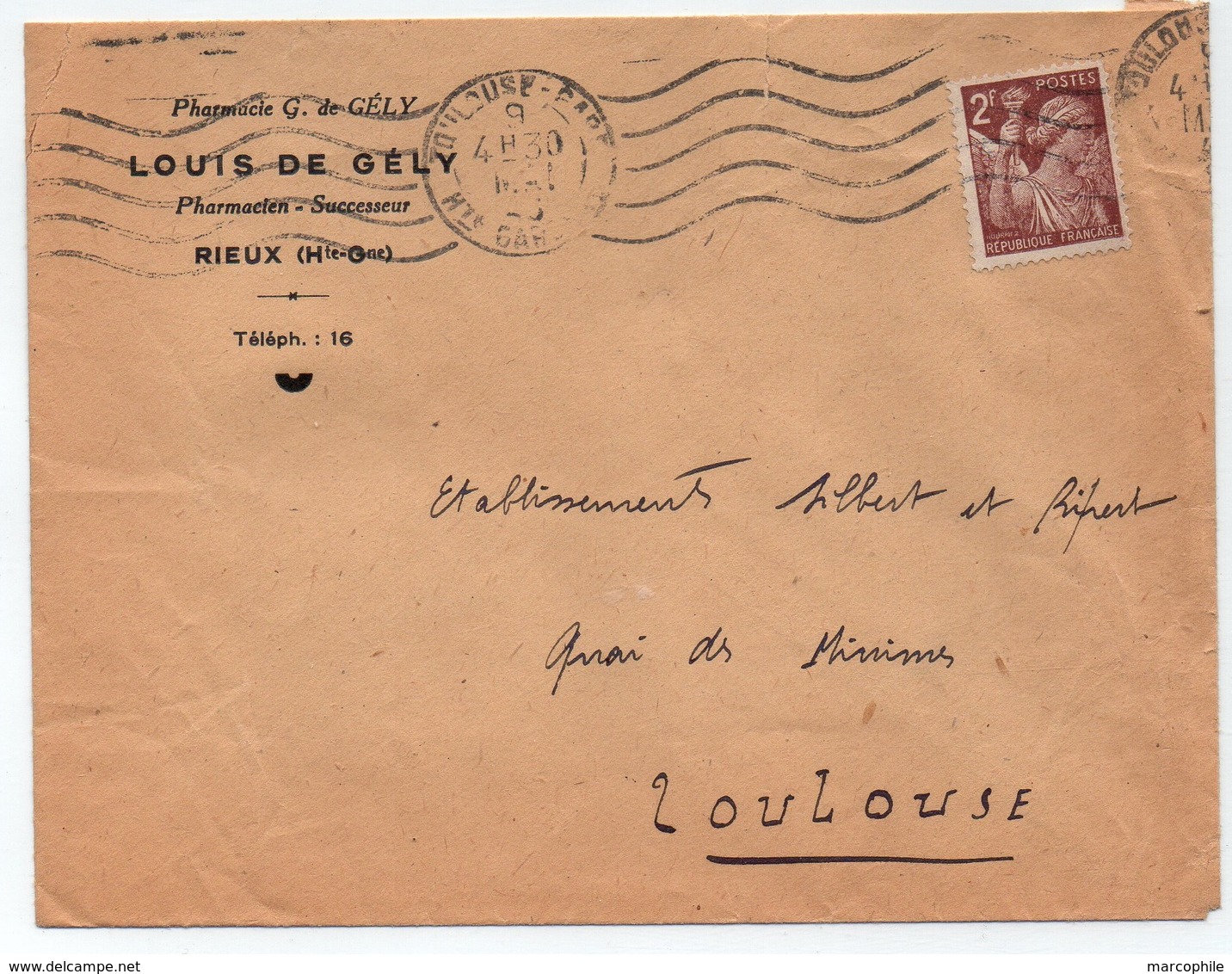 HAUTE GARONNE - RIEUX - PHARMACIE / 1945 -  2 F. IRIS SUR LETTRE  A ENTETE (ref LE4061) - Lettres & Documents