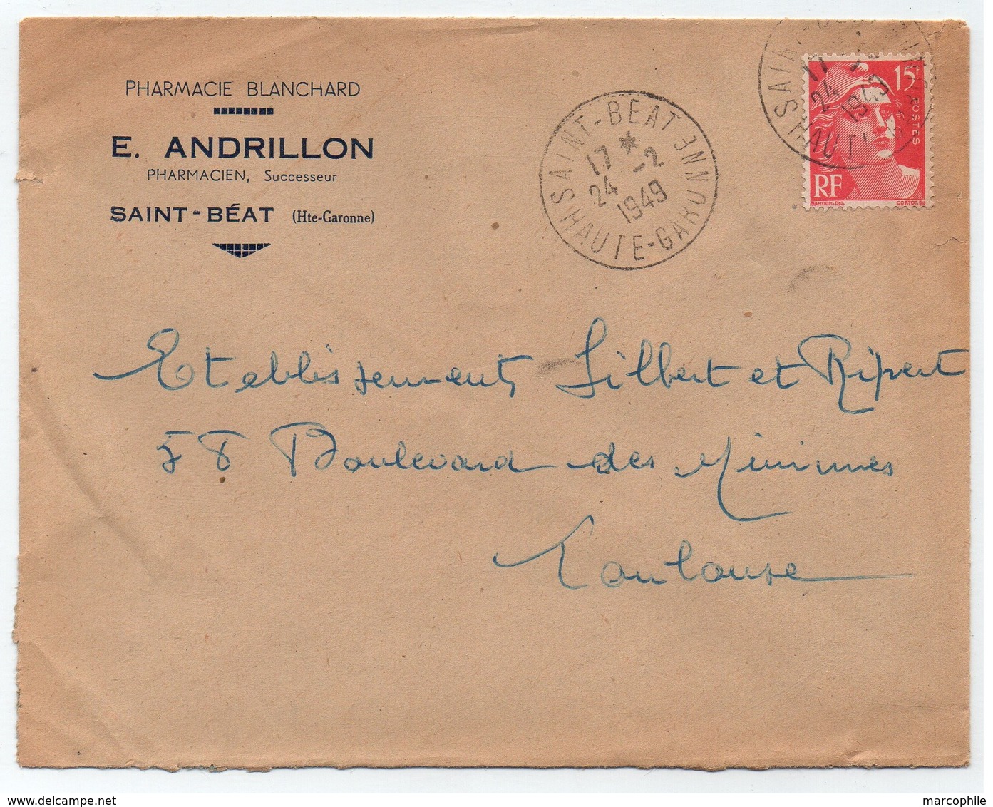 HAUTE GARONNE - SAINT BEAT - PHARMACIE / 1949 -  15 F. GANDON SUR LETTRE  A ENTETE (ref LE4062) - Lettres & Documents