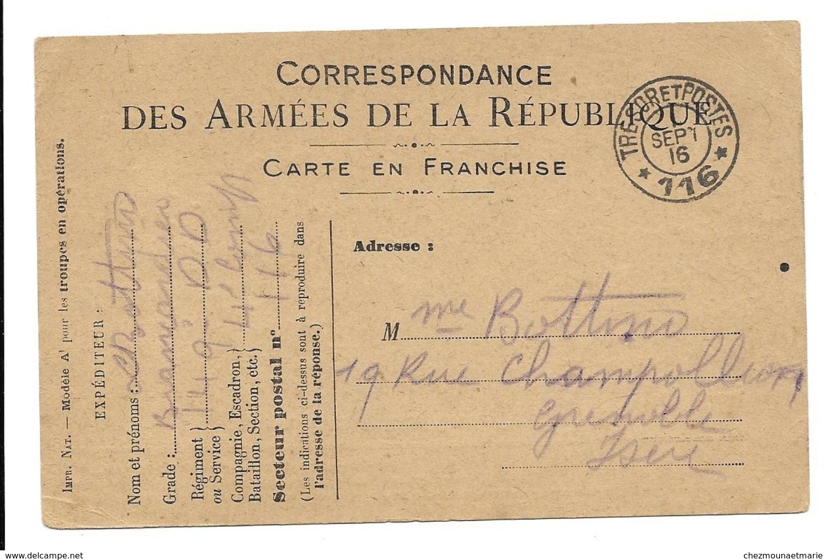 WWI BOTTINI BRANCARDIER TRESOR ET POSTES 116 POUR RUE CHAMPOLLION GRENOBLE - CPA CORRESPONDANCE MILITAIRE - Guerre 1914-18