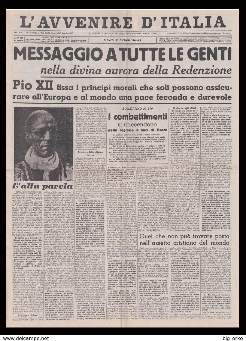 L'AVVENIRE D'ITALIA - Bologna 25 Dicembre 1941- Messaggio Di Pio XII - Dopo Pearl Harbor / La Conquista Di Manila - Italien