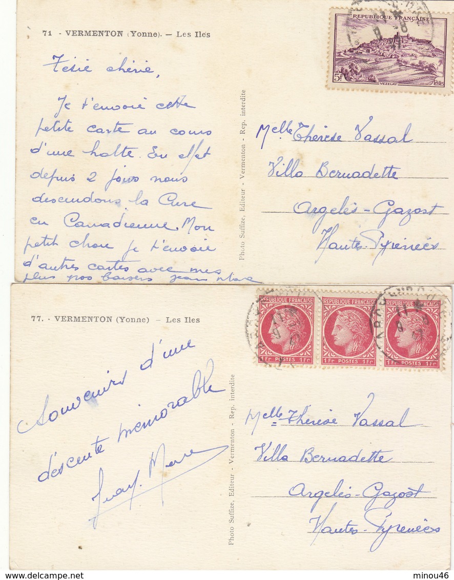 VERMENTON :2 CPA DE 1947.COLORISEES. LES ILES.PEU COURANTE.N° 71-77.BEL AFFRANCHISSEMENT.B.ETAT.PETIT PRIX.COMPAREZ!! - Vermenton