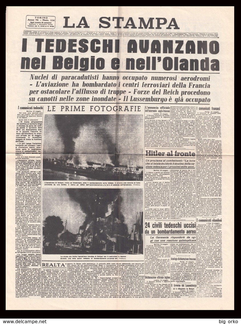 LA STAMPA (Torino) - 11 Maggio 1940   XVIII - I Tedeschi Avanzano Nel Belgio E Nell'Olanda - Italian