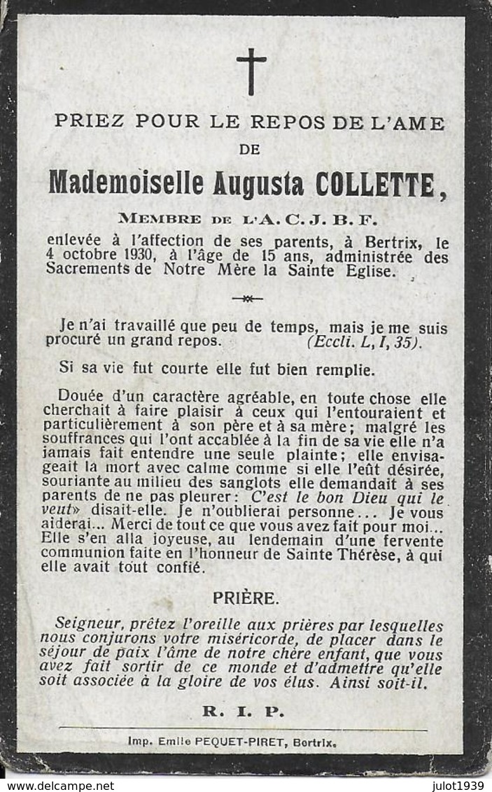 BERTRIX ..-- Melle Augusta COLLETTE , Membre A.C.J.B.F., Née En 1915 , Décédée En 1930 à BERTRIX . - Chassepierre